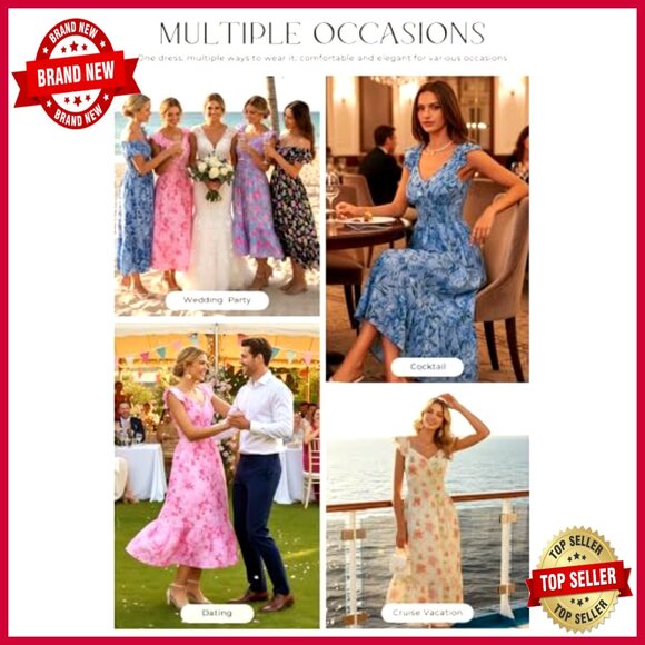 Floral Maxi Dress Ruffle Sleeve Smocked Sundress Flowy Wedding Guest Long - Picture 3 of 7